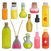 vaso frascos conjunto de vegetal o esencial aceite, nuez líquido petróleo en dibujos animados estilo. un botella de aromaterapia petróleo para spa tratos, Cocinando y perfumes, a hogar. icono para sitio web diseño, embalaje vector