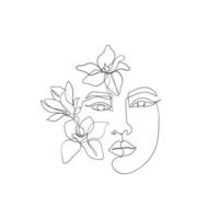 arte lineal hembra rostro. asiático mujer dibujado en uno línea, magnolia flores boho estilo para negocio, invitaciones, precio liza y tarjetas vector