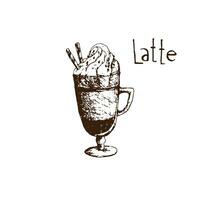 Hand drawn vintage glass of latte coffee with edible straws vector illustration. Coffee with milk and cream and chocolate topping in a glass with a handle. Pencil drawn in vintage engraving style.