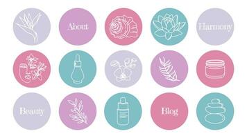 conjunto de brillante púrpura Destacar íconos para social redes de íconos para un Blog acerca de productos cosméticos, medicina y mental salud. vector