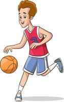 Basketball player man running and dribbling ball, cartoon game competition, vector illustration with lines of motion