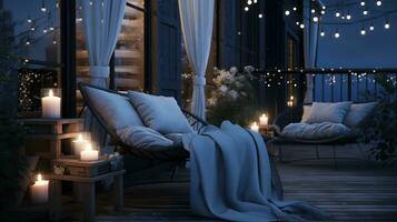 Generative AI, Cozy balcony in the evenind with lantern, garland and candles. Soft sofas and chairs for relax. bohemian ideas photo