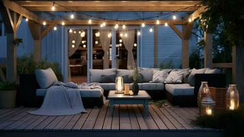 Generative AI, Cozy balcony in the evenind with lantern, garland and candles. Soft sofas and chairs for relax. bohemian ideas photo