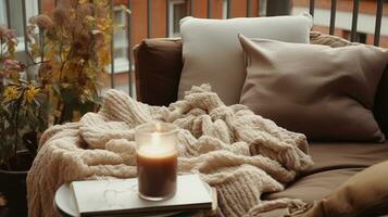 Generative AI, Cozy balcony in muted neutral colors  with blanket, chair and candles. Soft sofas and chairs for relax, bohemian ideas photo