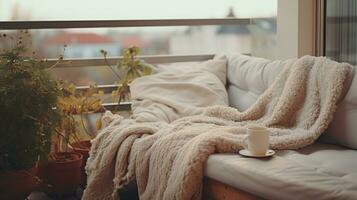 Generative AI, Cozy balcony in muted neutral colors  with blanket, chair and candles. Soft sofas and chairs for relax, bohemian ideas photo