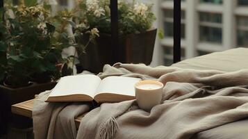 Generative AI, Cozy balcony in muted neutral colors  with blanket, chair and candles. Soft sofas and chairs for relax, bohemian ideas photo