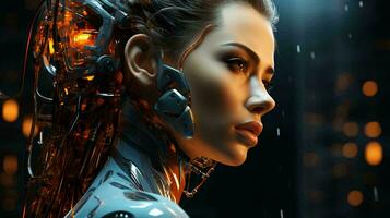 Connection of human woman and artificial intelligence robot. The concept of merging a person and a computer with neural networks in the future. AI generated photo