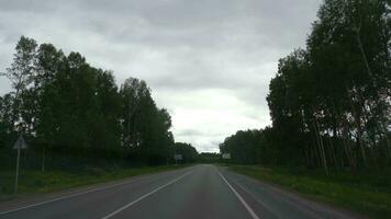 POV Car driving through a beautiful scenic forest road in morning. Drive a car, empty road through the forest video