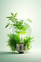 Green concept green light bulb with green life and enviroment photo