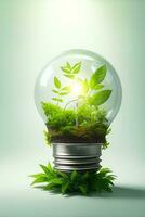 Green concept green light bulb with green life and enviroment photo