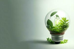 Green concept green light bulb with green life and enviroment photo