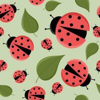 Cute Ladybug and leaves seamless pattern. Pretty isolated color Ladybird vector endless background. Nature cartoon or Flat illustration with red dotted Beetle. Summer spotted bug for Wrapping paper.