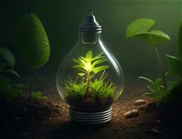 Green concept green light bulb with green life and enviroment photo