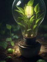 Green concept green light bulb with green life and enviroment photo