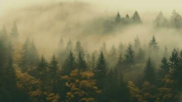 Generative AI, Misty autumn fir forest beautiful landscape in hipster vintage retro style, foggy mountains and trees. photo