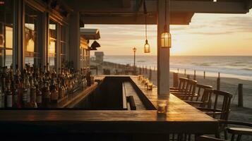 Generative AI, summer sunset beach bar background. Outdoor restaurant, Led light candles and wooden tables, chairs under beautiful sunset sky, sea view. photo