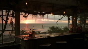 Generative AI, summer sunset beach bar background. Outdoor restaurant, Led light candles and wooden tables, chairs under beautiful sunset sky, sea view. photo