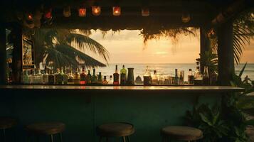 Generative AI, summer sunset beach bar background. Outdoor restaurant, Led light candles and wooden tables, chairs under beautiful sunset sky, sea view. photo