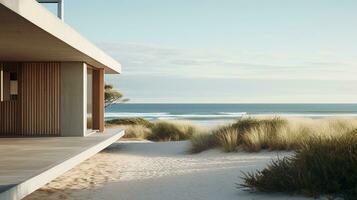 Generative AI, Beach aesthetic villa house and coast landscape, muted colors, minimalism photo