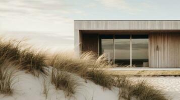 Generative AI, Beach aesthetic villa house and coast landscape, muted colors, minimalism photo