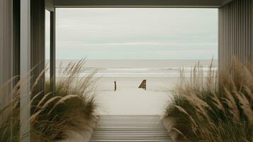 Generative AI, Beach aesthetic villa house and coast landscape, muted colors, minimalism photo