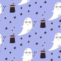 Seamless pattern ghost wizard with magic wand vector