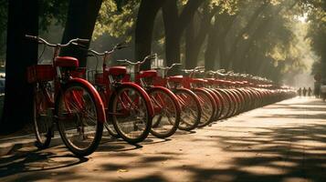 Generative AI, Bike sharing system, many red city bikes parked. Healthy ecology urban transportation. photo