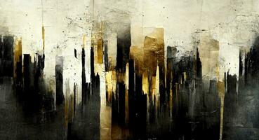 Generative AI, Ivory, golden and black watercolor abstract painted background. Ink black street graffiti art on a textured paper vintage background, washes and brush strokes. photo