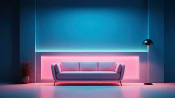 Generative AI, Modern neon minimalistic interior, blue and pink colors, sofa, table and plants photo