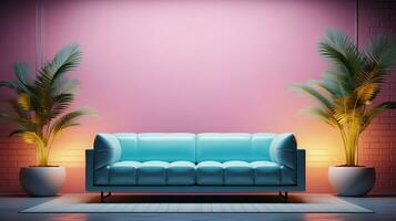 Generative AI, Modern neon minimalistic interior, blue and pink colors, sofa, table and plants photo