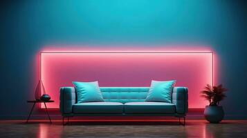 Generative AI, Modern neon minimalistic interior, blue and pink colors, sofa, table and plants photo