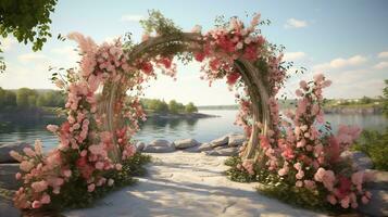 Generative AI, Wedding ceremony boho rustic style arch with flowers and plants, flower bouquets. photo