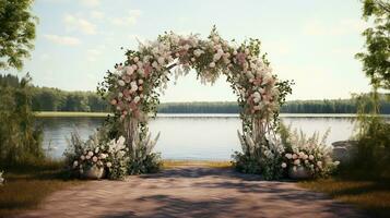 Generative AI, Wedding ceremony boho rustic style arch with flowers and plants, flower bouquets. photo