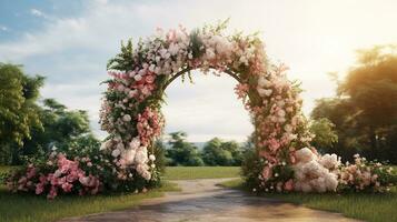 Generative AI, Wedding ceremony boho rustic style arch with flowers and plants, flower bouquets. photo