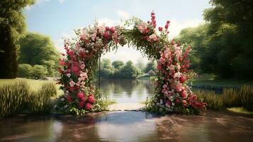 Generative AI, Wedding ceremony boho rustic style arch with flowers and plants, flower bouquets. photo