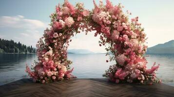 Generative AI, Wedding ceremony boho rustic style arch with flowers and plants, flower bouquets. photo