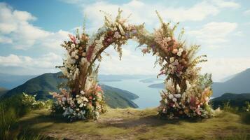 Generative AI, Wedding ceremony boho rustic style arch with flowers and plants, flower bouquets. photo