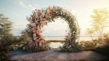 Generative AI, Wedding ceremony boho rustic style arch with flowers and plants, flower bouquets. photo