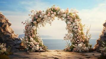 Generative AI, Wedding ceremony boho rustic style arch with flowers and plants, flower bouquets. photo