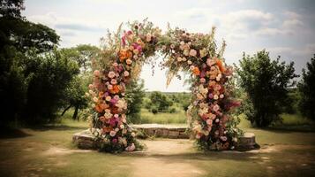 Generative AI, Wedding ceremony boho rustic style arch with flowers and plants, flower bouquets. photo