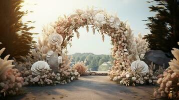 Generative AI, Wedding ceremony boho rustic style arch with flowers and plants, flower bouquets. photo