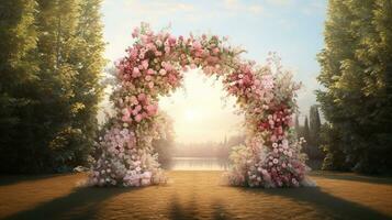 Generative AI, Wedding ceremony boho rustic style arch with flowers and plants, flower bouquets. photo