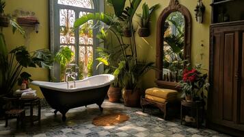 Generative AI, retro boho hotel bathroom, Puerto Rico style. Bright colors and plants photo