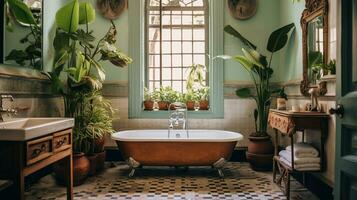 generativo ai, retro boho hotel baño, puerto rico estilo. brillante colores y plantas foto