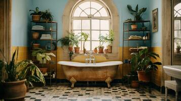 generativo ai, retro boho hotel baño, puerto rico estilo. brillante colores y plantas foto