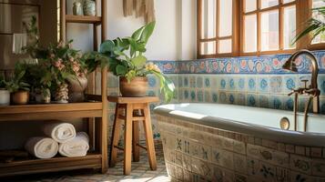 generativo ai, retro boho hotel baño, puerto rico estilo. brillante colores y plantas foto