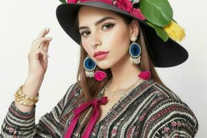 retratos de de moda hermosa mujer en tradicional ropa foto