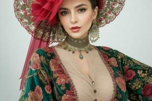 retrato de un de moda hermosa mujer en tradicional ropa vistiendo un sombrero foto