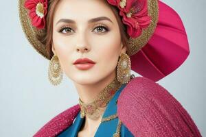 retrato de un de moda hermosa mujer en tradicional ropa vistiendo un sombrero foto