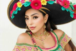 retrato de un de moda hermosa mujer en tradicional ropa vistiendo un sombrero foto